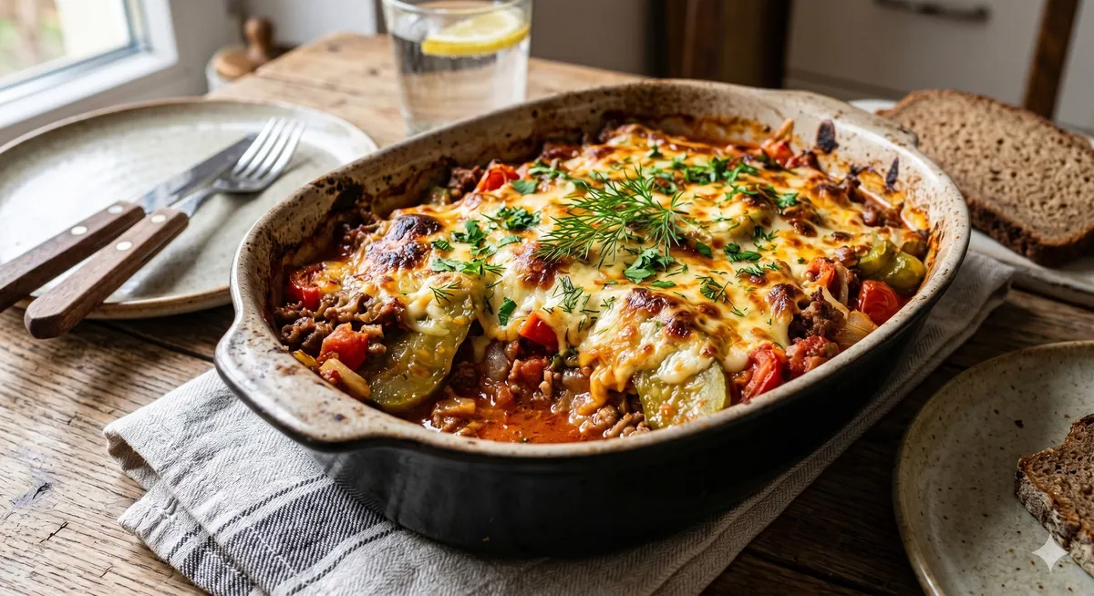 Überbackene Schmorgurken mit Hack und Tomaten